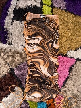 Ruched Mesh Midi Dress in Brown & Orange Animal Swirl